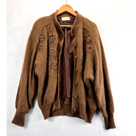 Coco Brown Fuzzy Wool Sweater Cardigan Vtg 80s M Belldini Pearl Beads Angora - Picture 4 of 15